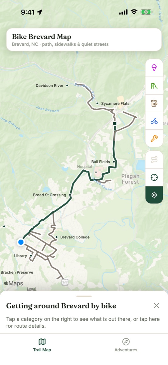 The trail map: the bike path and its connectors drawn over Brevard