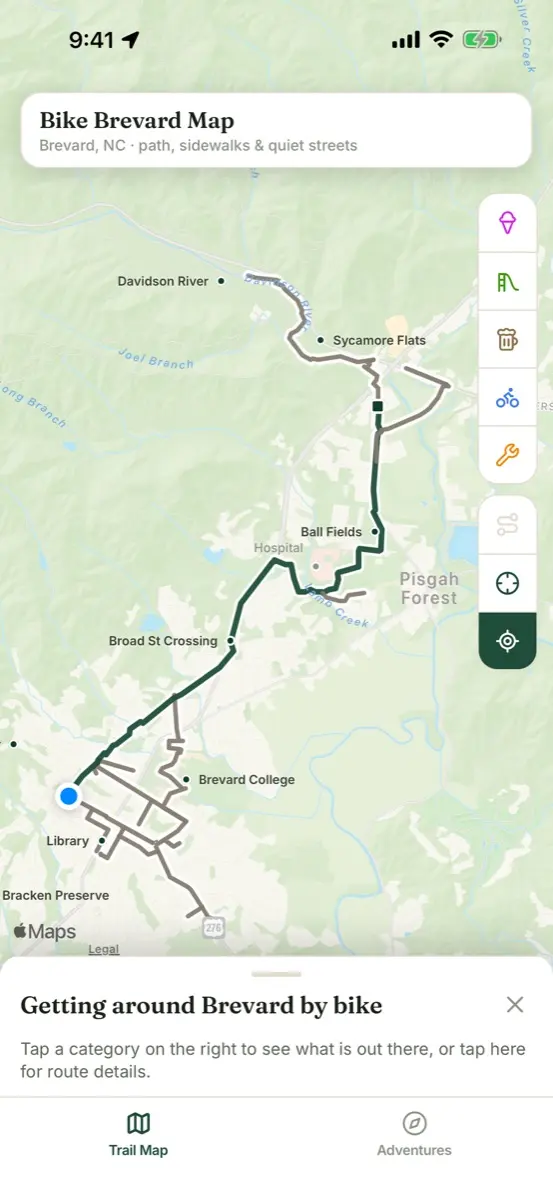 The trail map: the bike path and its connectors drawn over Brevard