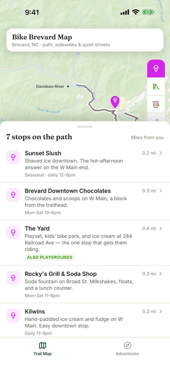 Ice cream stops shown as pins along the path