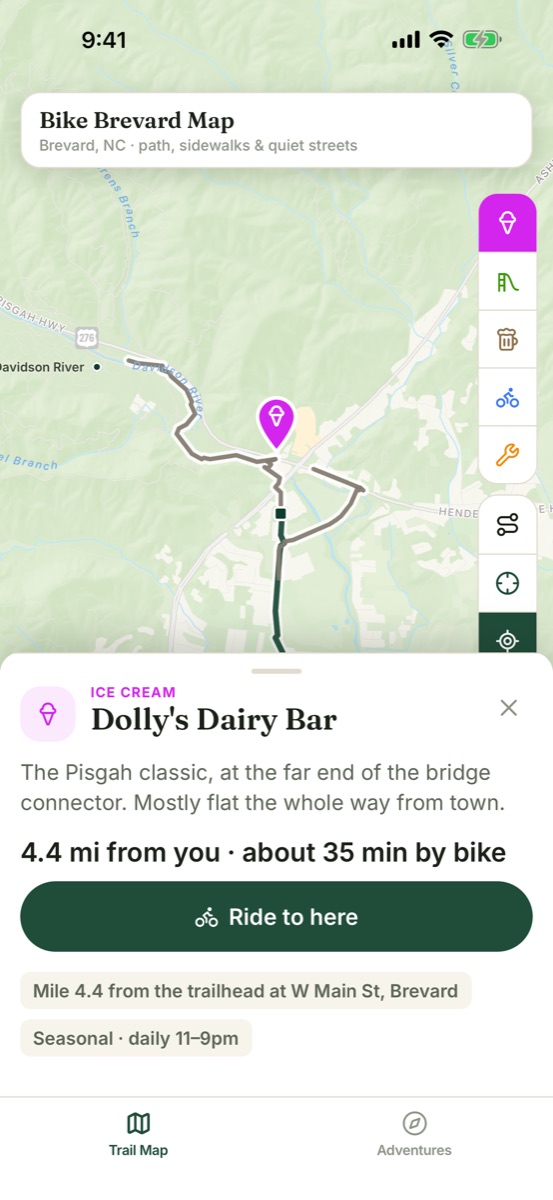 Dolly's Dairy Bar card with distance and a Ride to here button