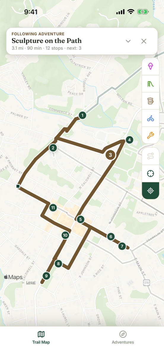 Sculpture ride drawn on the map with numbered stops
