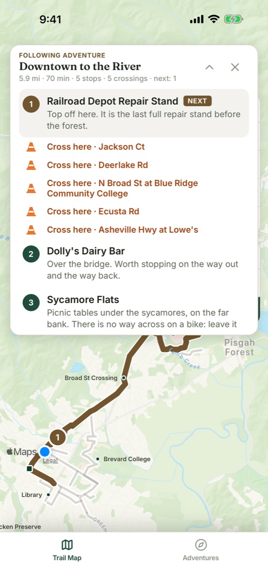 The list of stops for a ride